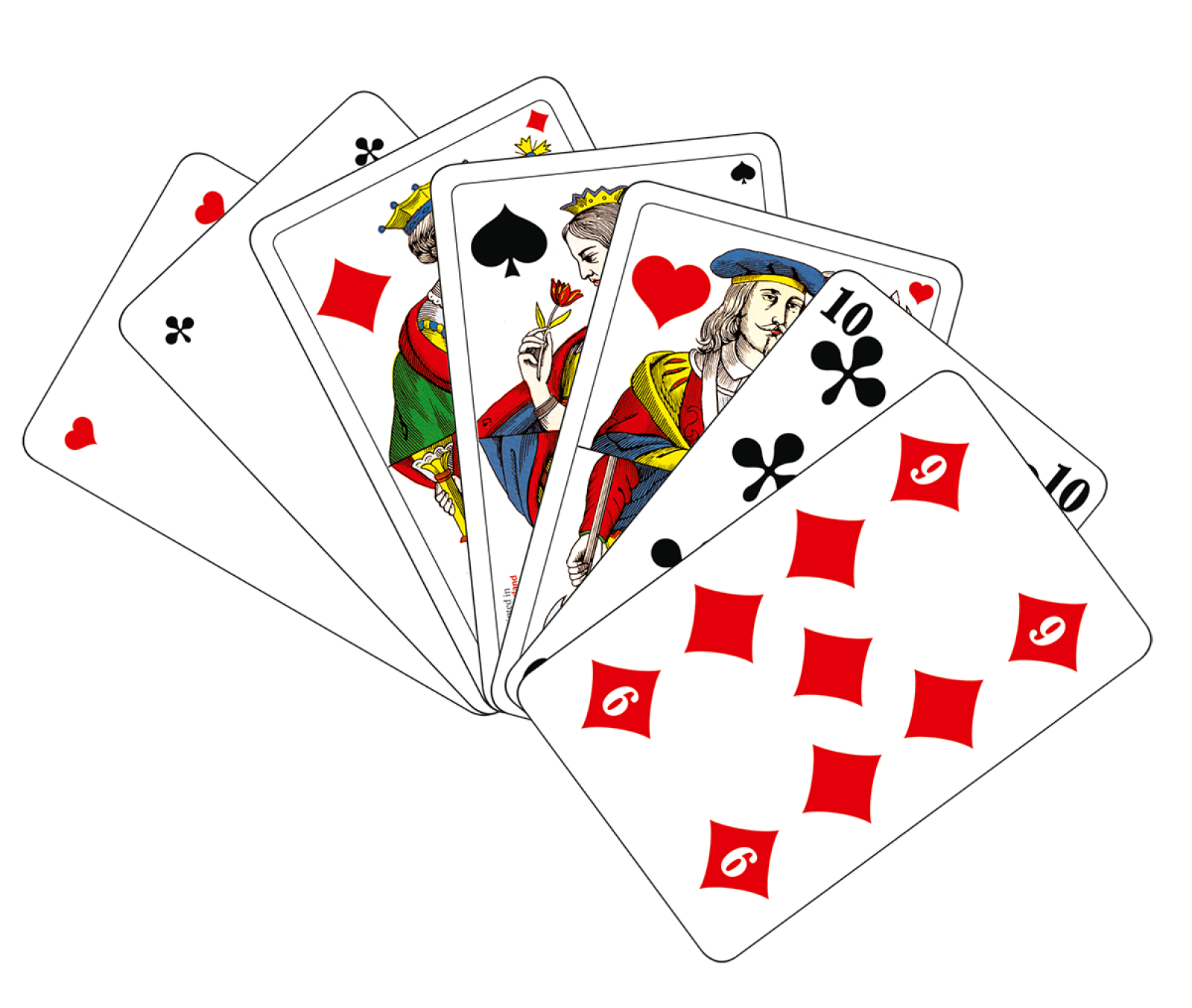 Französisches Schweizer Jasskartenbild mit Herz Karo Pik und Kreuz
